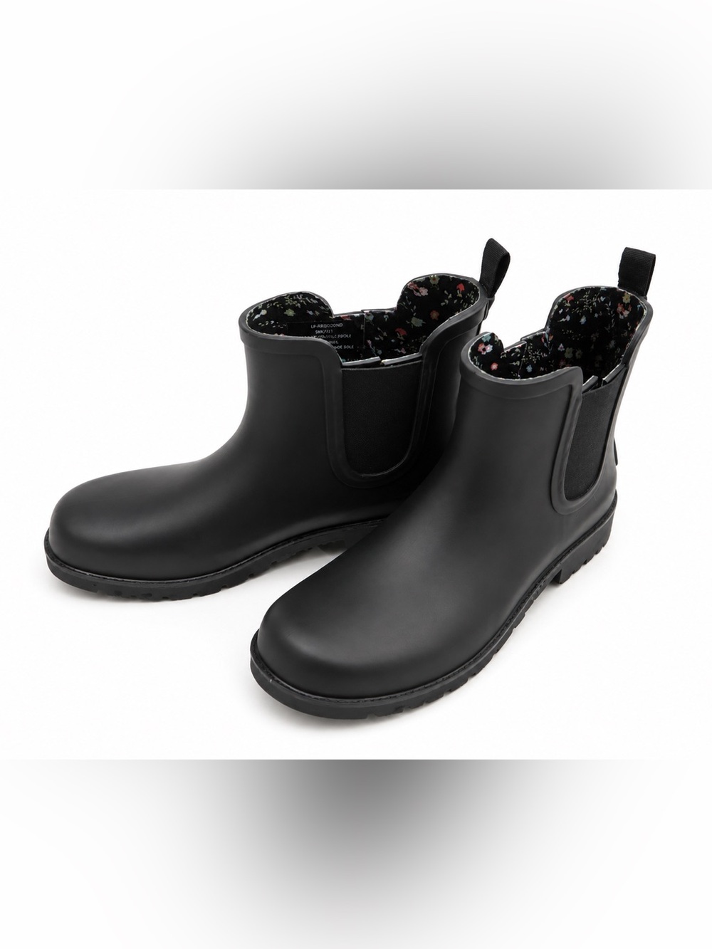 Black Chelsea-Style Rain Ankle Boots with Floral Lining